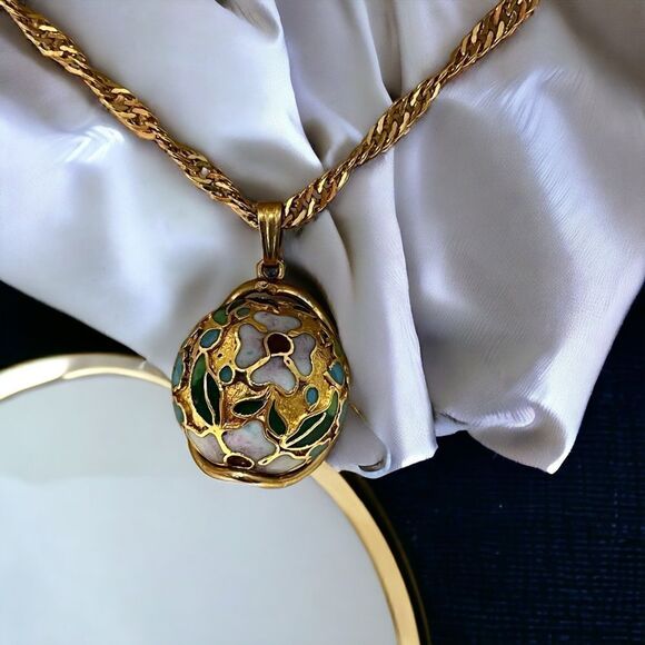 Vintage Cloisonne Gold Plated Caged Floral Design Necklace - Picture 2 of 13